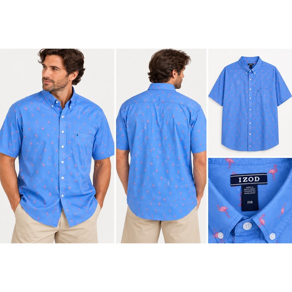IZOD Men's 2XB Big & Tall Blue Pink Flamingo Button Down Shirt Short Sleeve